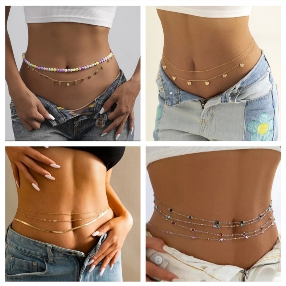 Belly Chain Set 3 Silver Tone Copper Inlay Chains Zircon Accents - Picture 5 of 7